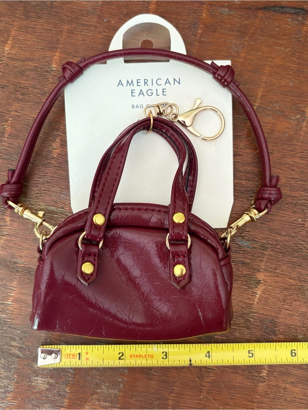 American Eagle Outfitters Mini Tote Keychain in Burgundy with Gold Hardware